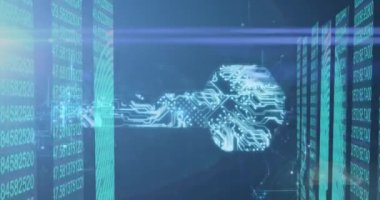 Biyometrik parmak izleri üzerinde dijital anahtar ve dijital arayüz veri işleme sisteminin animasyonu. Küresel teknoloji çevrimiçi ağ sanal kimlik kavramı dijital olarak oluşturuldu.