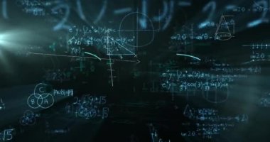 Siyah arkaplanda yüzen matematiksel denklemlerin animasyonu. Okul kavramına geri dönüş dijital olarak oluşturulan imaj.