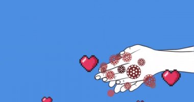 Çoklu koronavirüs animasyonu Covid 19 hücre ve dijital kırmızı kalp ikonları mavi arka planda ellerini yıkayan kişinin üzerinde hareket ediyor. Dijital olarak üretilen küresel koronavirüs pandemik konsepti.