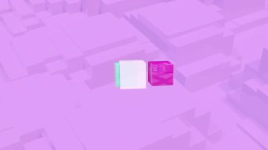 Pembe, yeşil ve beyaz küpler, arka planda pürüzsüz döngü halinde hareket eden pembe küplerin animasyonu. Renk ve hareket kavramı dijital olarak oluşturuldu.