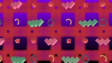 Soyut şekillerin, mor arka planda kusursuz bir döngü içinde dönen kaleydoskop deseni üzerinde döndürülmesi. Renk ve hareket kavramı dijital olarak oluşturuldu.