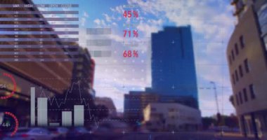 Finansal veri işleme animasyonu ve arka planda şehir manzarası üzerine istatistik kaydı. Küresel finans iş ekonomisi konsepti dijital olarak oluşturulmuş görüntü.