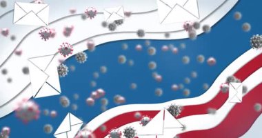 Mavi arka planda dalgalanan Amerikan bayrağı üzerinde zarfların ve Covid 19 hücrenin animasyonu. Covid 19 salgın konseptinde dijital olarak oluşturulan posta seçimleri.