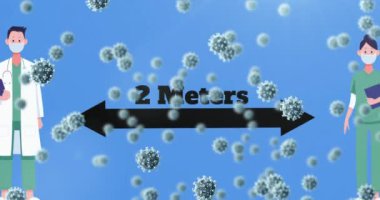 Mavi arka planda erkek ve kadın doktorlarla 3D Coronavirus Covid 19 hücre, ok ve 2 metre sosyal uzaklık metninin animasyonu. Dijital olarak üretilen küresel koronavirüs pandemik konsepti.
