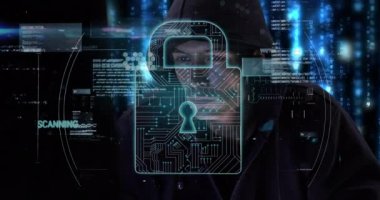 Arka planda bilgisayar sunucuları olan bir bilgisayar kullanarak çevrimiçi güvenlik asma kilidi üzerinde dijital arayüzün animasyonu. Küresel ağ çevrimiçi güvenlik kavramı dijital bileşimi.