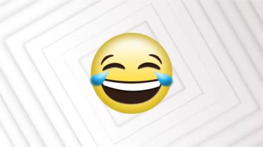 Arka planda kusursuz bir döngü içinde hareket eden birçok beyaz elmas şekilli gülen emojinin animasyonu. Renk ve hareket kavramı dijital olarak oluşturuldu.
