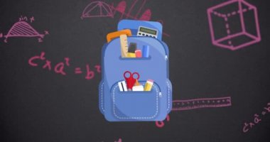 Arka planda yüzen matematiksel denklemlerle okul çantasının animasyonu. Okul kavramına geri dönüş dijital olarak oluşturulan imaj.