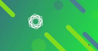 Çoklu geometrik şekiller ve daireler üzerinde dönen altıgenin animasyonu yeşil arka planda kusursuz bir döngü içinde hipnotik hareketlerle hareket ediyor. Renk ışığı ve hareket kavramı dijital olarak oluşturuldu.