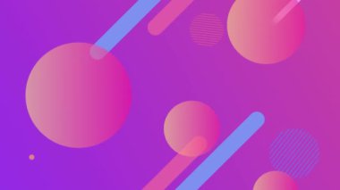 Çoklu geometrik şekiller ve turuncudan pembeye dairelerin animasyonu. Mor arka planda kusursuz bir döngü içinde hipnotik hareketlerle hareket ediyorlar. Renk ışığı ve hareket kavramı dijital olarak oluşturuldu.
