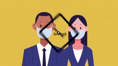 Yüz maskesi takan kadın ve erkeğin sosyal mesafeyi kelimelerle örttüğü bir animasyon bir etki yarat, evde kal, sarı arka planda güvende kal. Dijital olarak üretilen küresel koronavirüs pandemik konsepti.