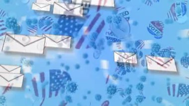 Zarfların animasyonu, Covid 19 hücre ve mavi arka planda Amerikan bayrağı olan rozetler. Covid 19 salgın konseptinde dijital olarak oluşturulan posta seçimleri.