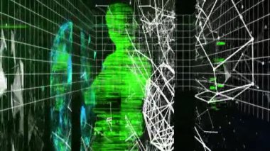 Sanal insan şekilleri ve bağlantı ağlarıyla dijital arayüz veri işleme animasyonu. Küresel teknoloji çevrimiçi ağ konsepti dijital olarak oluşturulmuş görüntü.