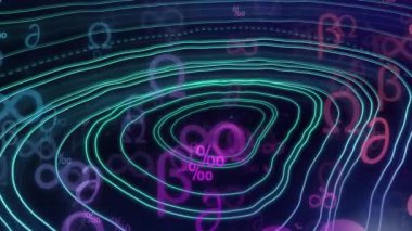 Arka planda yeşil çizgiler ve kusursuz döngü içinde hipnotik hareket eden çoklu renkli matematiksel sembollerin animasyonu. Renk ışığı ve hareket kavramı dijital olarak oluşturuldu.