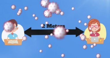 3 boyutlu Coronavirus Covid 19 hücrenin animasyonu. Mavi arka planda iki metrelik sosyal uzaklık metni ile dönüyor. Dijital olarak üretilen küresel koronavirüs pandemik konsepti.