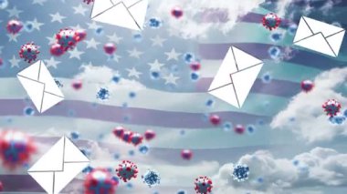 Zarfların animasyonu ve Covid 19 hücre Amerikan bayrağının dalgalanması ve arka planda gökyüzünde bulutlar. Covid 19 salgın konseptinde dijital olarak oluşturulan posta seçimleri.