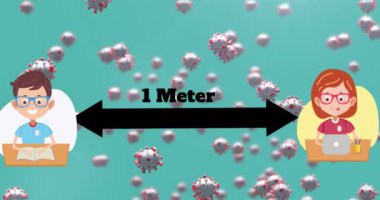 3 boyutlu Coronavirus Covid 19 hücrenin animasyonu, yeşil arka planda erkek ve kızla 1 metre sosyal uzaklık metni ile dönüyor. Dijital olarak üretilen küresel koronavirüs pandemik konsepti.