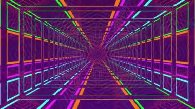 Arka plandaki kaleydoskop soyut şekilleri üzerinde kusursuz döngü içinde hareket eden çok renkli karelerin animasyonu. Renk ve hareket kavramı dijital olarak oluşturuldu.