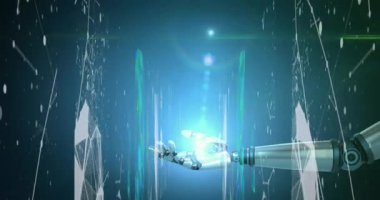 Robot el ve bağlantı ağının üzerinde parlayan ışıkla dijital arayüz veri işleme animasyonu. Küresel teknoloji çevrimiçi ağ konsepti dijital olarak oluşturulmuş görüntü.