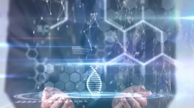 Sanal gerçeklik arayüzü kullanılarak, DNA iplikçiklerinin dijital arayüz ile veri işlemesinin animasyonu. Küresel teknoloji tıbbı çevrimiçi ağ konsepti dijital olarak oluşturulmuş görüntü.