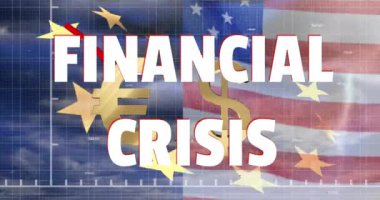 Finansal Kriz Animasyonu kırmızı hat kaydı, Amerikan doları ve Avrupa Birliği ve Amerikan bayrağı üzerinde Avrupa işareti. Küresel finans iş ekonomisi krizi kavramı dijital olarak oluşturulmuş görüntü.
