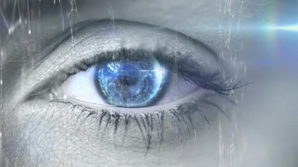 Animazione Donna Lampeggiante Occhio Con Interfaccia Digitale Elaborazione Dati Reti — Video Stock