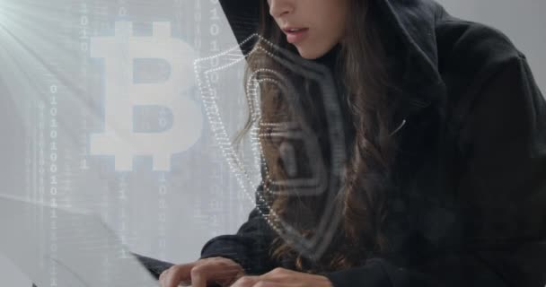 Animazione Interfaccia Digitale Lucchetto Sicurezza Online Segno Bitcoin Hacker Femminile — Video Stock