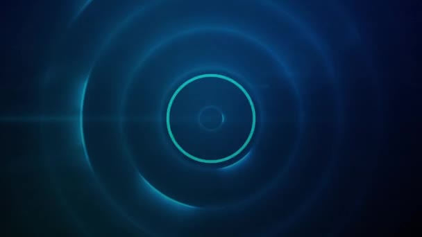 背景の青い円の上で催眠運動に脈動する点と青い円の列のアニメーション 色の光と動きの概念デジタル生成された画像 — ストック動画