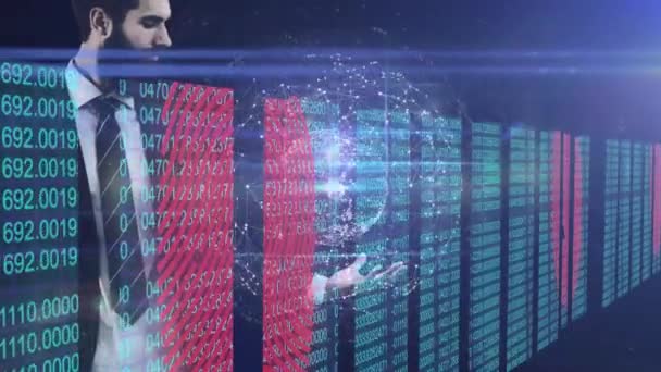 Animation Businessman Holding Spinning Globe Digital Interface Data Processing Biometric — Stock Video