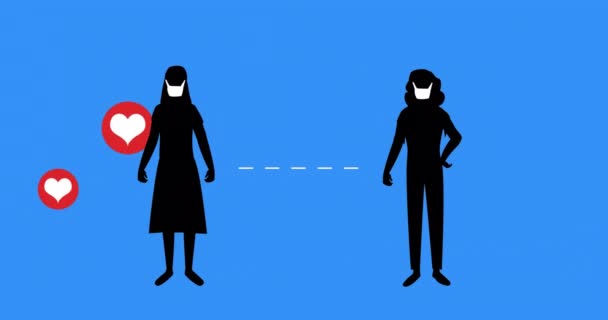 在蓝色背景下 动画片中的心脏数字图标飘浮 两名戴着面具的女性在社交场合保持距离 全球大肠癌流行概念数字生成图像 — 图库视频影像