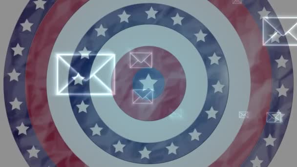 Animation Mehrerer Umschläge Über Kreisen Mit Amerikanischer Flagge Hintergrund Briefwahl — Stockvideo