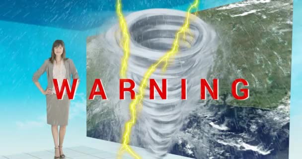 Animação Texto Aviso Escrito Vermelho Sobre Mulher Tempo Relâmpago Tornado — Vídeo de Stock