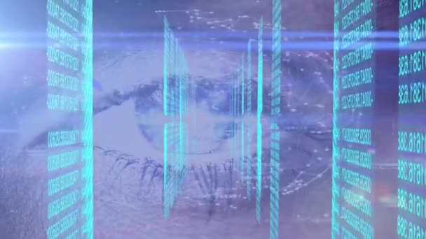 Анимация Мигающего Глаза Женщины Вращение Глобуса Обработка Данных Цифрового Интерфейса — стоковое видео