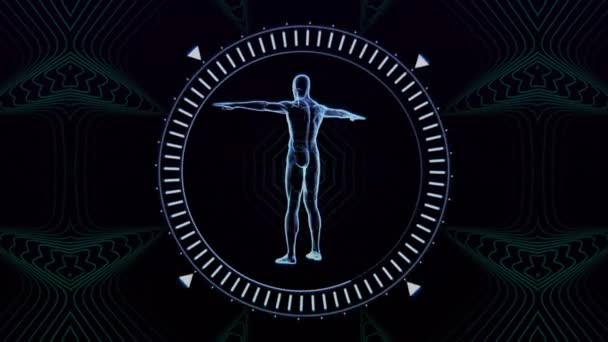 Анимация Синей Человеческой Модели Вращающейся Внутри Круга Маркерами Над Несколькими — стоковое видео
