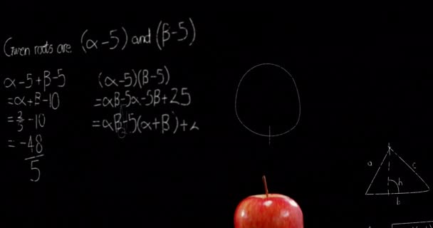 Animation Mathematical Equations Floating Apple Pencil Notebooks Black Background Education — Stock Video