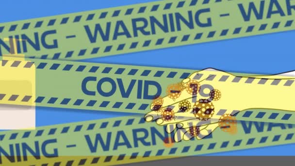 黄色の警察テープのアニメーション単語警告コロナウイルス細胞と青の背景に手を洗う人の上にCovid 全球コロナウイルスパンデミックの概念デジタル的に生成された画像 — ストック動画