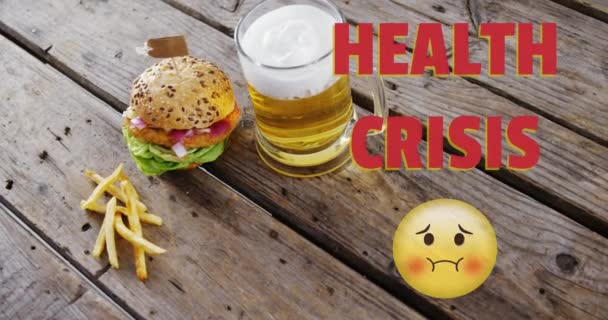 Animacja Tekstu Zdrowie Kryzys Zaniepokojona Ikona Emoji Nad Hamburgerem Frytki — Wideo stockowe