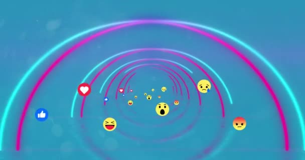 Animering Flera Emoji Ikoner Som Rör Sig Glödande Neontunnel Blå — Stockvideo