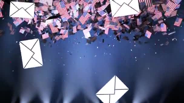 青いグラデーションの背景にスポットライトの上に複数のアメリカ国旗と落下エンベロープのアニメーション Covid 19パンデミックコンセプトの投票後の選挙デジタルで画像を生成 — ストック動画
