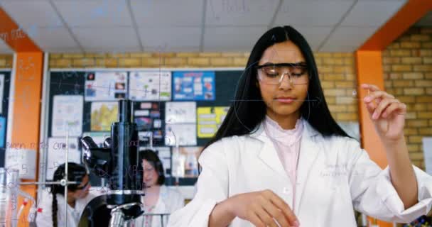 Animation Mathematical Equations Floating Schoolchild Wearing Lab Coat Using Chemical — Stock Video