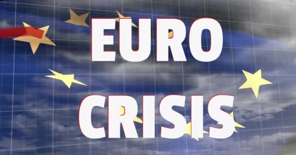 Animation Euro Crisis Text Κόκκινες Γραμμές Κατεβαίνουν Πάνω Από Σημαία — Αρχείο Βίντεο