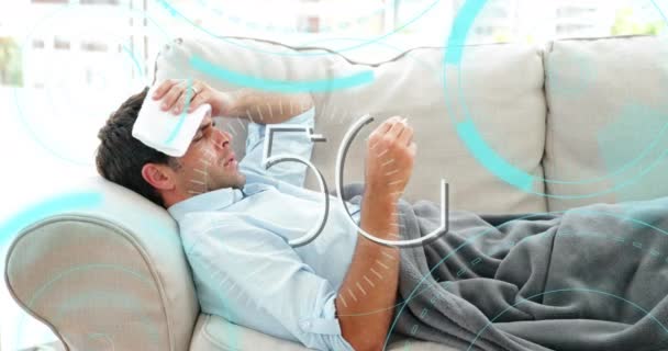 Animation Text Circles Scopes Scanning Sick Man Lying Sofa Background — Stock Video