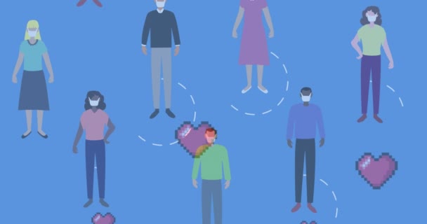 Анимация Плавающих Цифровых Икон Сердца Людей Носящих Маски Лица Социальных — стоковое видео