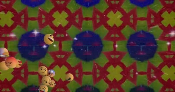 Анимация Нескольких Икон Эмодзи Движущихся Светящимся Калейдоскопам Изменяющихся Заднем Плане — стоковое видео