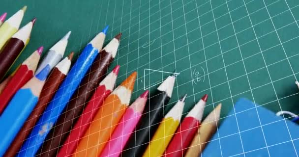Okul Ekipmanlarının Üzerinde Yüzen Matematiksel Denklemlerin Yeşil Arka Planda Canlandırılması — Stok video