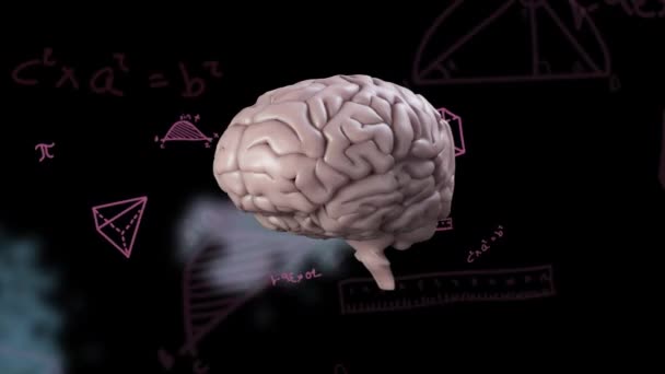 Animacja Wirującego Mózgu Nad Pływającymi Równaniami Matematycznymi Czarnym Tle Edukacja — Wideo stockowe