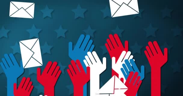 Анимация Красных Белых Синих Вырезанных Рук Американским Флагом Падающими Конвертами — стоковое видео
