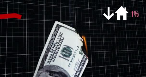 Animacja Czerwonych Linii Zstępujących Nad Spalonym Banknotem Dolarowym Ikoną Domu — Wideo stockowe