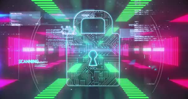 Animation Digital Interface Padlock Warning Text Moving Neon Tunnel Background — Stock Video