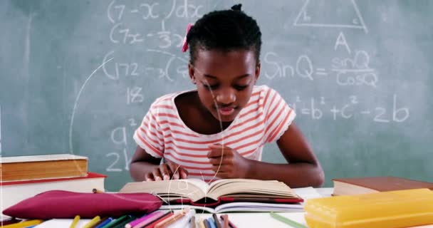 Animation Mathematical Equations Floating Schoolchild Sitting Desk Reading Book Education — Stock Video