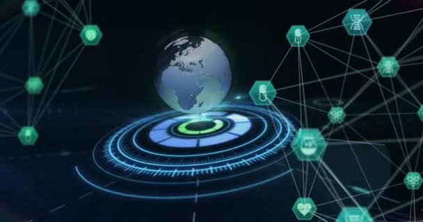 Анимация Сетей Связи Зелеными Медицинскими Иконами Над Вселенной Сканирования Области — стоковое видео